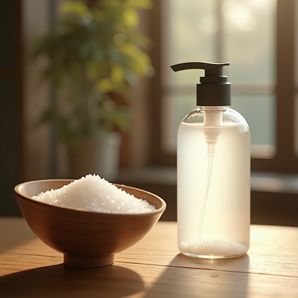 伝統と現代の融合を象徴する画像 - 柔らかな自然光の下、木製テーブルの上に置かれた古代日本の塩の浄化用の器と現代のエコフレンドリーな塩系クリーナーボトル