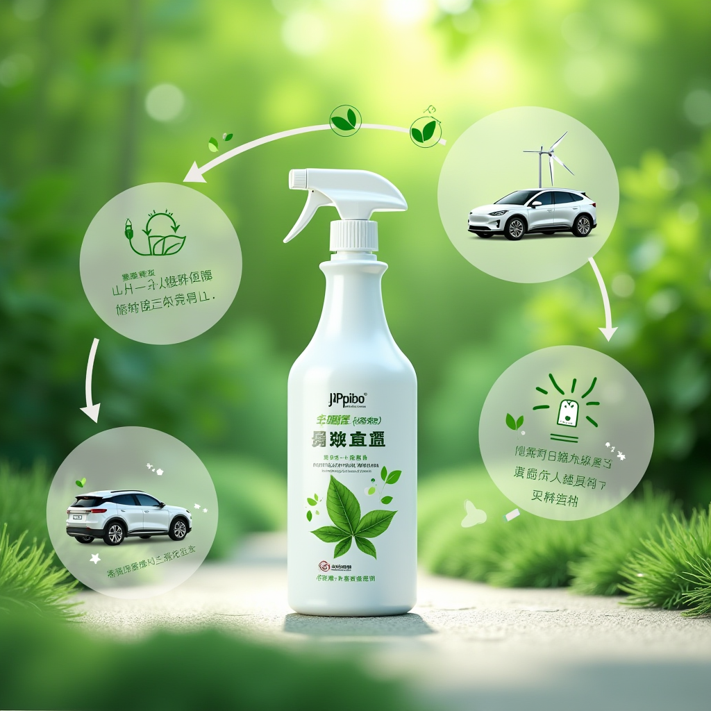 緑豊かな自然を背景に、JPpiboの環境に優しい清掃プロセスを示すインフォグラフィック。塩系クリーナーのボトル、電気自動車、再生可能エネルギーのシンボルが配置されている