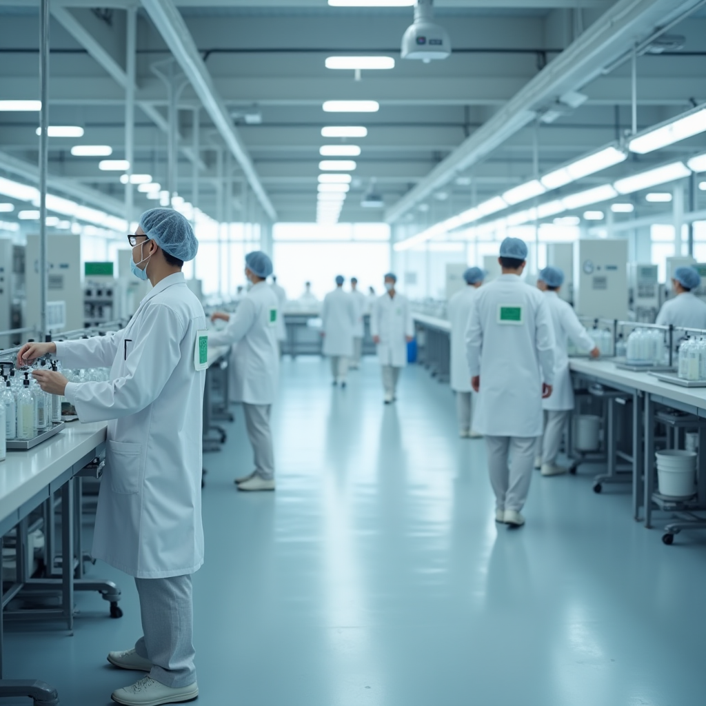 環境配慮型洗浄製品を製造する現代的な日本の製造施設、清潔な生産ライン、白衣を着た作業員、持続可能な技術、明るい産業環境