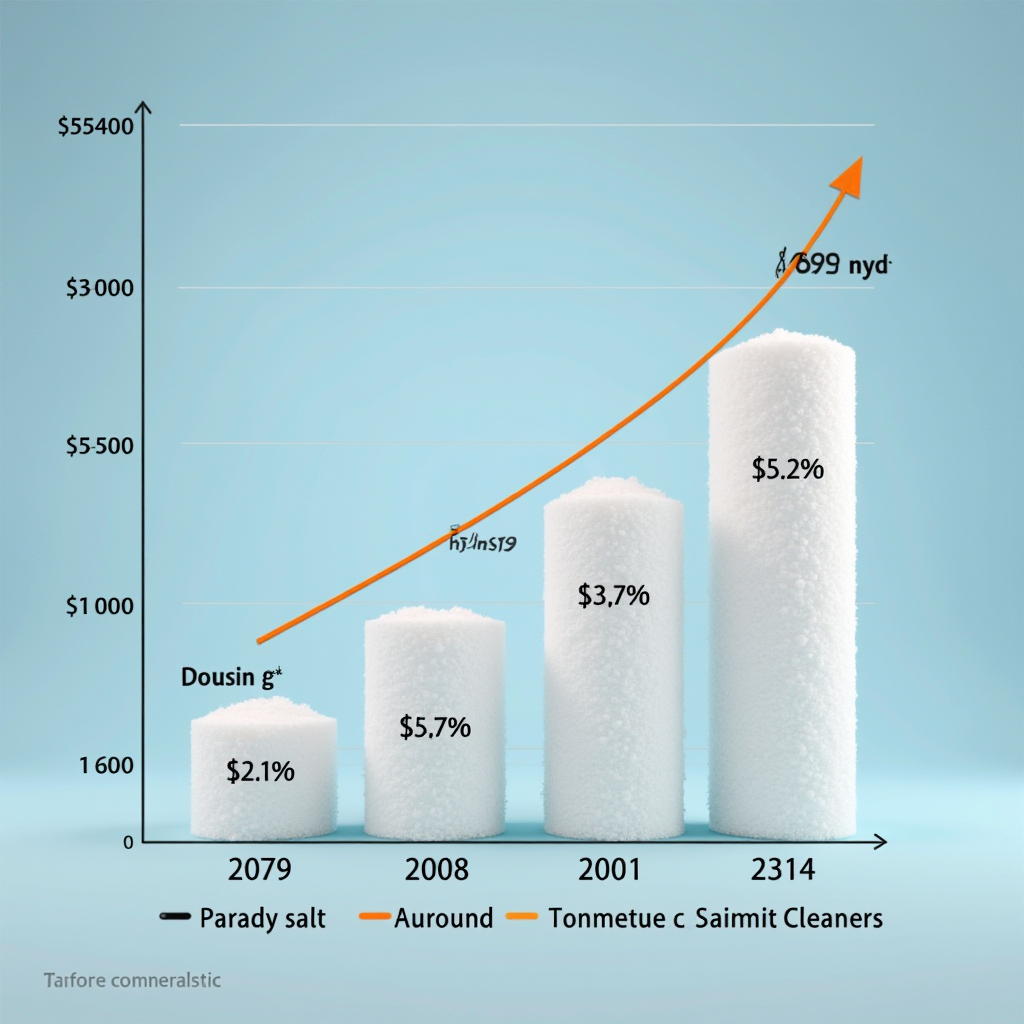5年間にわたる従来型と塩系クリーナーの価格差が縮小し、トレンドラインが収束していることを示す価格比較チャート
