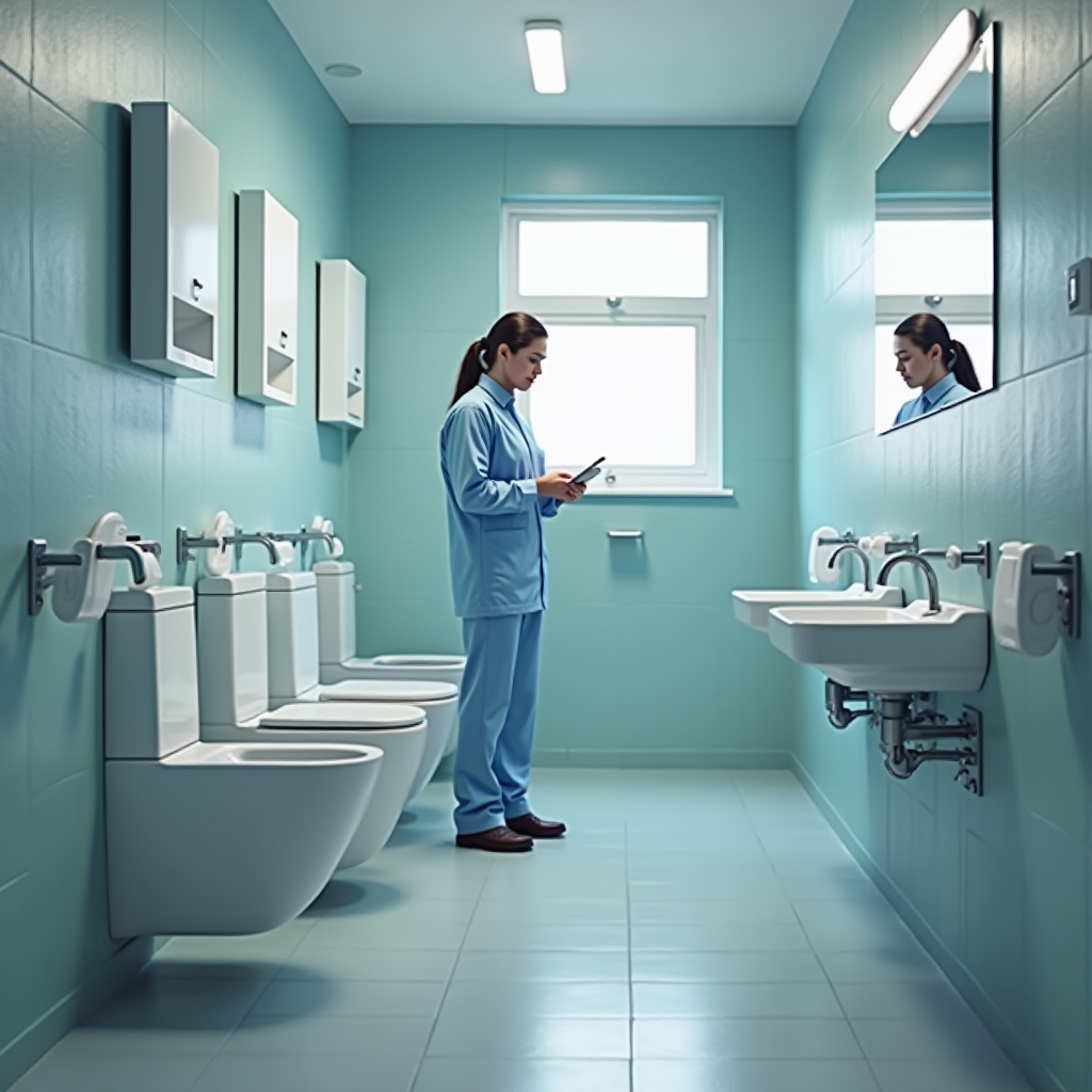 実際の施設のバスルームで清掃スタッフに適切なJPpibo使用技術を示す専門コンサルタントによる現場デモンストレーション、リアルタイムの結果