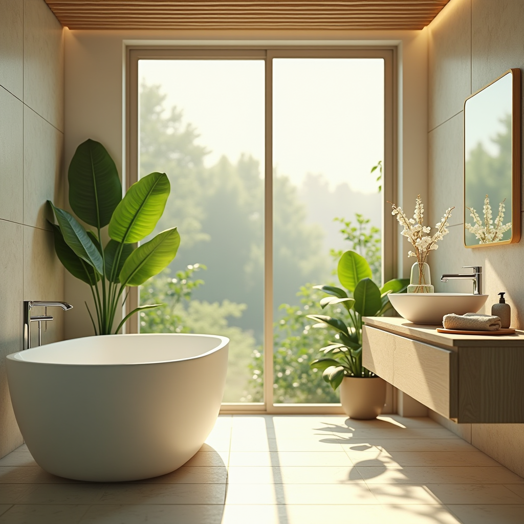 持続可能な未来のコンセプトイメージ、環境配慮型製品のある清潔でモダンな日本のバスルーム、自然要素、緑の植物、窓から差し込む日光、テクノロジーと自然の調和