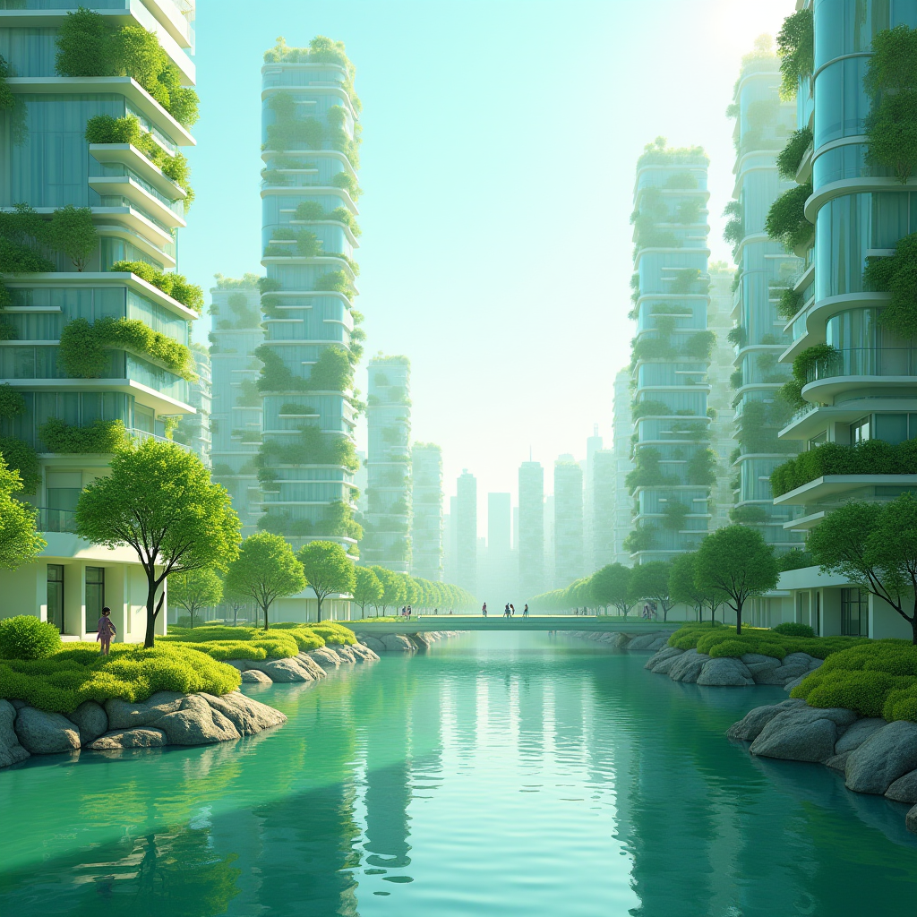 緑の建物、きれいな水、近代的で持続可能な都市環境でエコフレンドリーな製品を使用する人々がいる清潔な日本の都市の未来的なビジョン